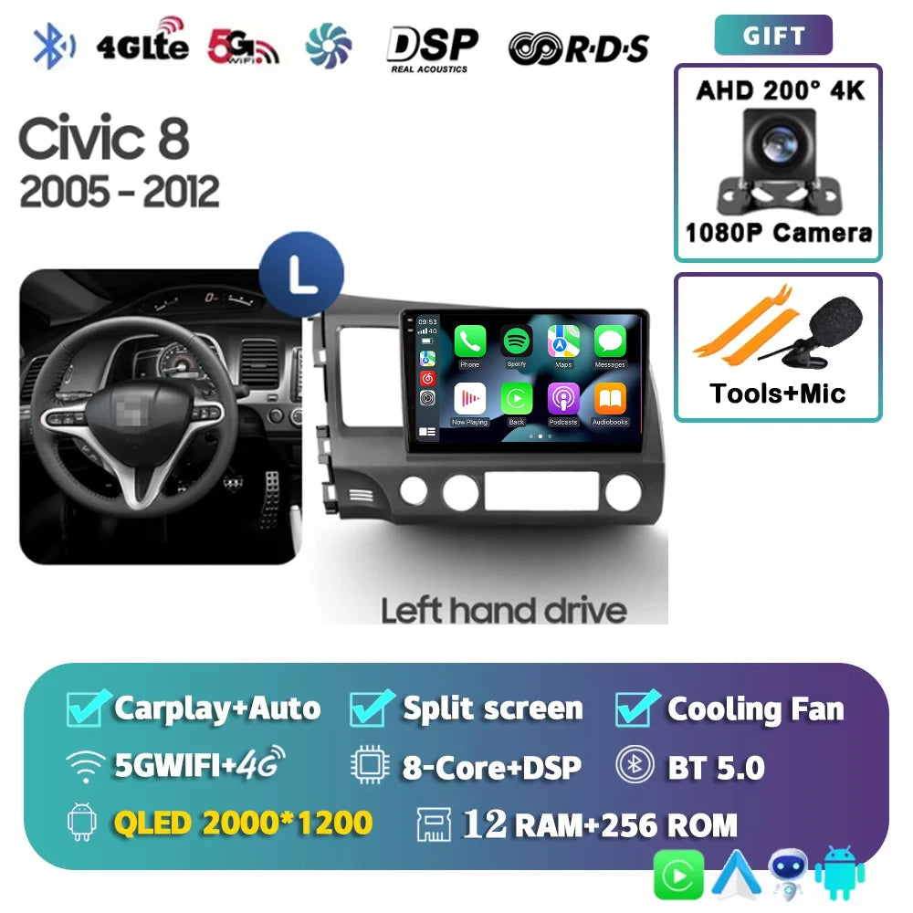 For Honda Civic 8 2005 - 2012 Android 15 Carplay Auto 4G WIFI Car Radio Multimedia Stereo Video Player GPS Navigation Plug and P