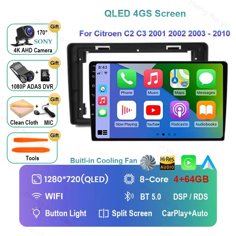 Android 16 CarPlay Auto Car Radio Multimedia navigation video Autoradio Stereo For Citroen C2 C3 2001 2002 2003 - 2010