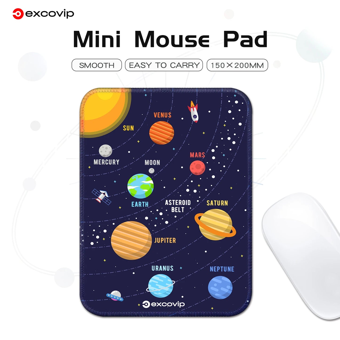 EXCO Mini Solar System Mouse Pad with Stitched Edge Non-Slip Rubber Base Small Office Mousepad for Laptop Computer Portable