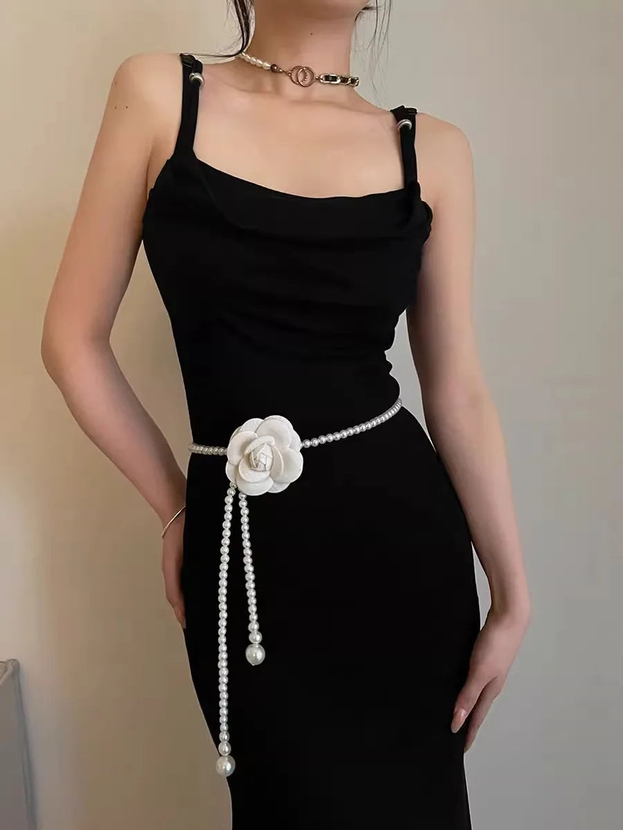 Camellia Pearl Waist Chain For Women Versatile With Skirts Sweet Decoration Thin Waist Belt To Cinch And Slim The Waist