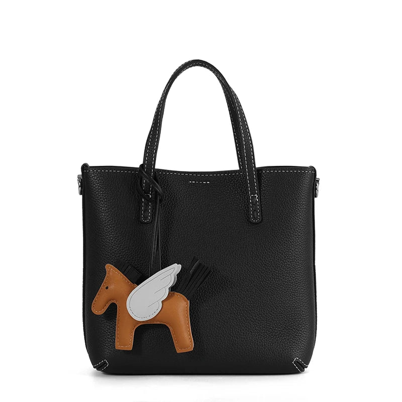 Genuine Cowhide Leather Mini Tote Bag for Women Pebbled Leather Bucket Bag with Horse Charm Luxury Designer Patchwork Handbag