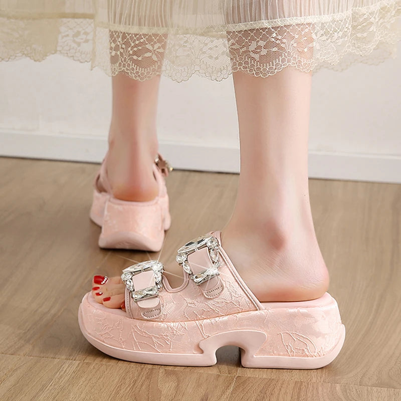 Luxury Rhinestone Thick Bottom Sandals Women 2026 New Silk Satin Embroidery High Heel Sandals Woman Summer Thick Heeled Slippers
