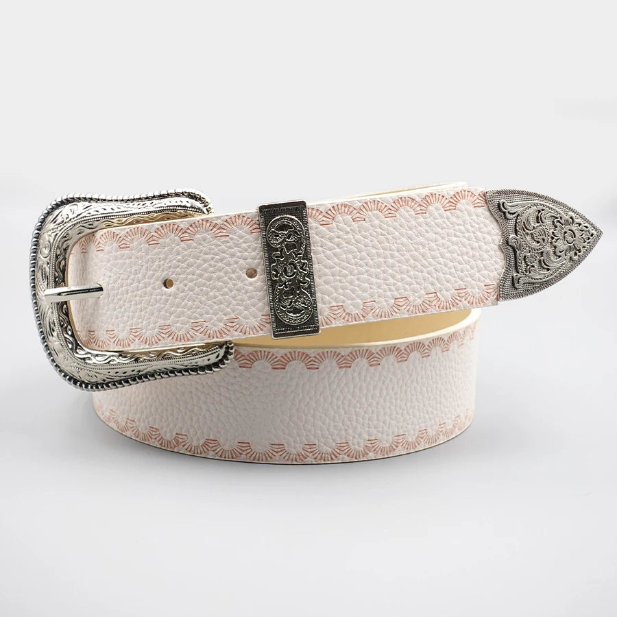 White Border Women's Belt, Solid Color Casual Printed Belt, Silver Carved Alloy Buckle, Suitable for Daily Commuting and Dating