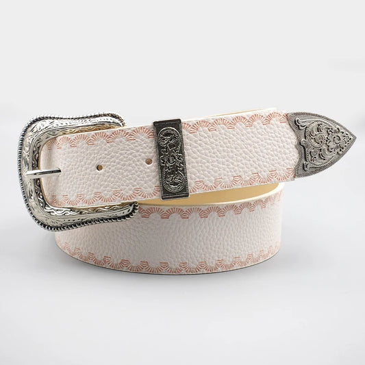 White Border Women's Belt, Solid Color Casual Printed Belt, Silver Carved Alloy Buckle, Suitable for Daily Commuting and Dating