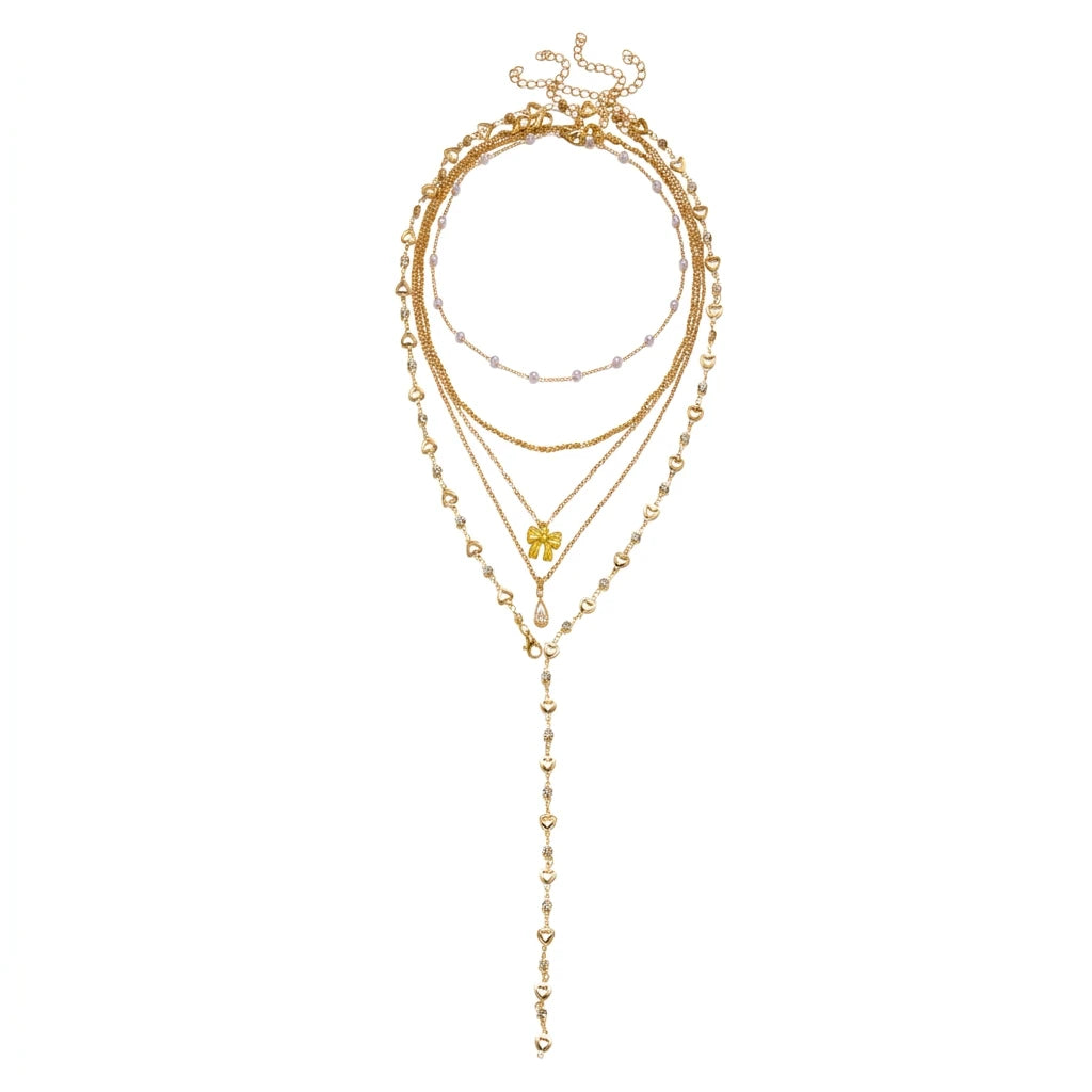 Bow Drop Pearl Layered Long Necklace Set of 5 for Women Dainty Gold Tone Chain Stackable Faux Pearl Bohemian Jewelry Gift
