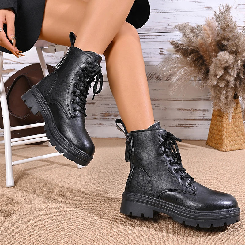Autumn Winter Thick Plush Ankle Boots Women Fashion Double Zip Platform Motorcycle Boots Woman Non Slip Pu Leather Cotton Botas