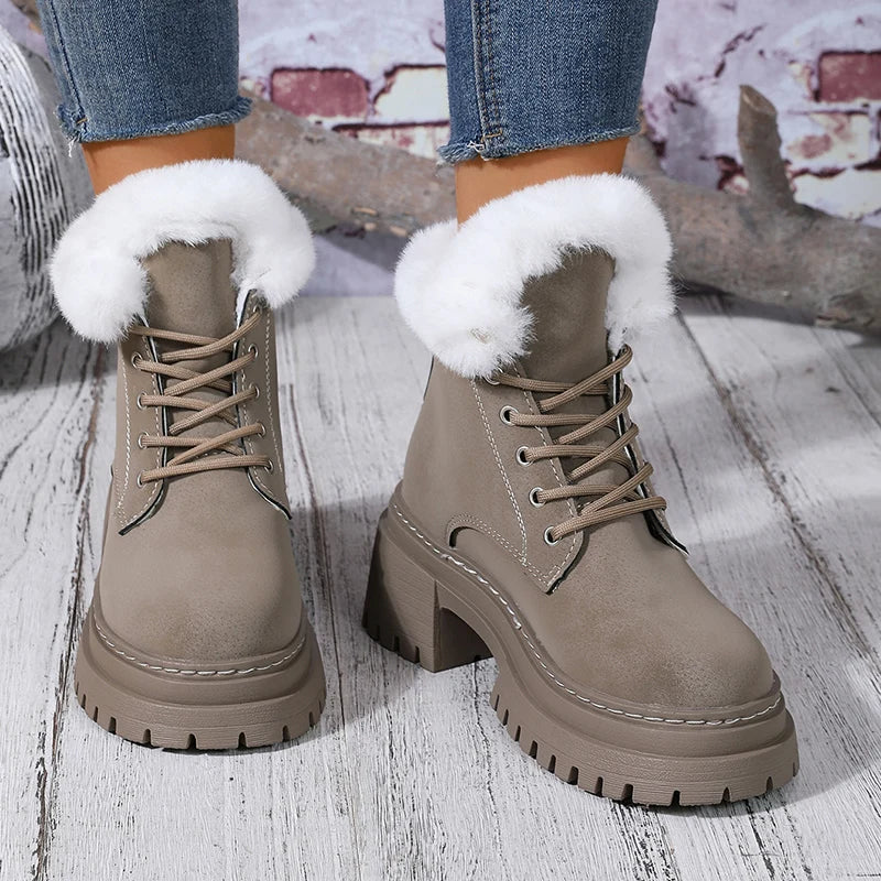 Thick Heels Faux Fur Ankle Boots Women Fashion Lace Up Long Plush Winter Boots Woman Comfort Non Slip Cotton Padded Shoes Female