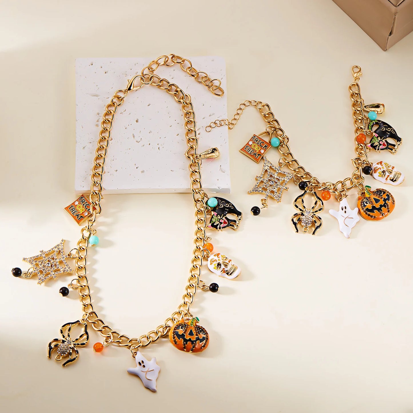 Exaggerated Halloween Ghost Pumpkin Pendant Necklace For Women Shiny Zircon Spider Web Skull Charm Bracelet Party Jewelry Gifts