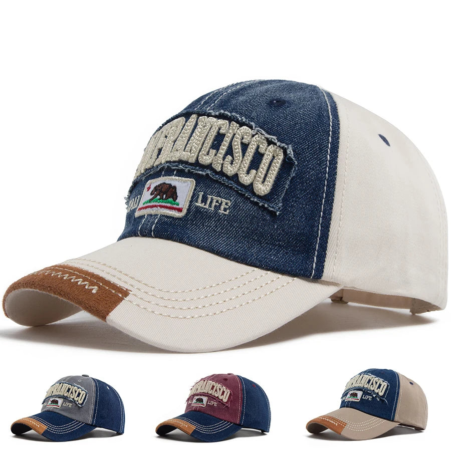 California Bear Baseball Cap Men Women Washed Denim Retro Letter Embroidered Hat Summer Hip Hop Snapback For Daily Wear Casual