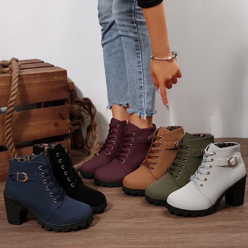 British Style High Heel Ankle Boots Women 2025 Fashion Non Slip Lace Up Short Booties Mujer Thick Heeled High Top Pumps Woman