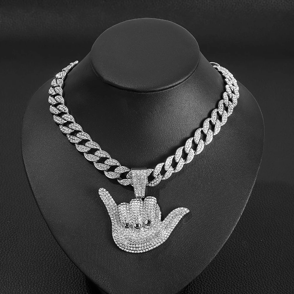 Hip Hop Number 6 Gestures Pendants Necklaces With 15mm Cuban Chain Fashion Bling Crystal Personality Cool Jewelry For Men Women