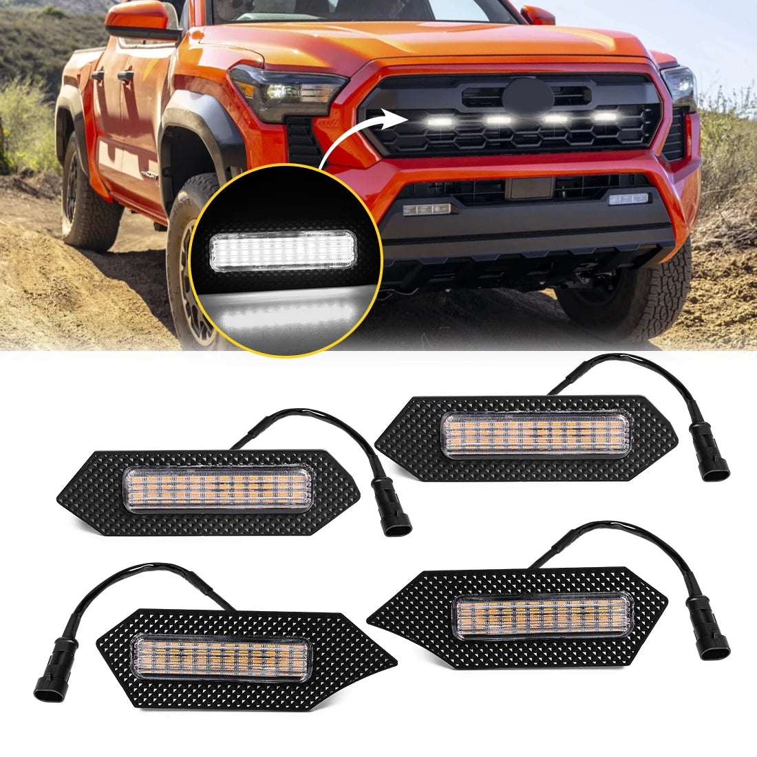 4Pcs Grill Car LED Light For Toyota Tacoma 2024 TRD Trailhunter Front Grille Lights Amber Warning Daylights DRL White Blue Red
