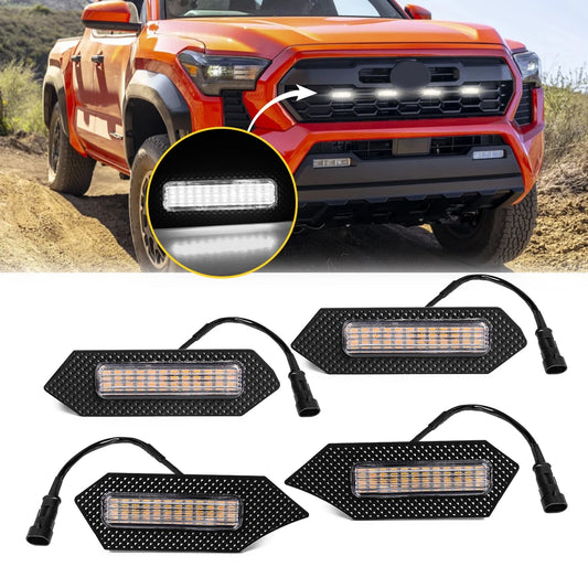 4Pcs Grill Car LED Light For Toyota Tacoma 2024 TRD Trailhunter Front Grille Lights Amber Warning Daylights DRL White Blue Red