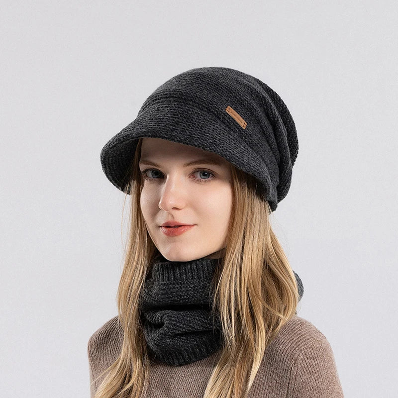 Xinbaoguan 100% Acrylic 8416 Winter Warm and Fleece Cold Protection Set for Women with brimmed Ear Protection Knitted Wool Hat