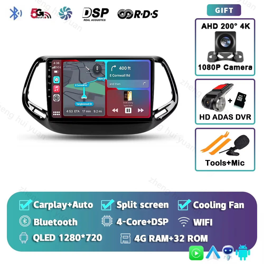2K QLED For Jeep Compass 2 MP 2016 - 2018 Android 15 CarPlay Auto Car Radio Multimedia Video Player GPS stereo Head Unit 4G WIFI