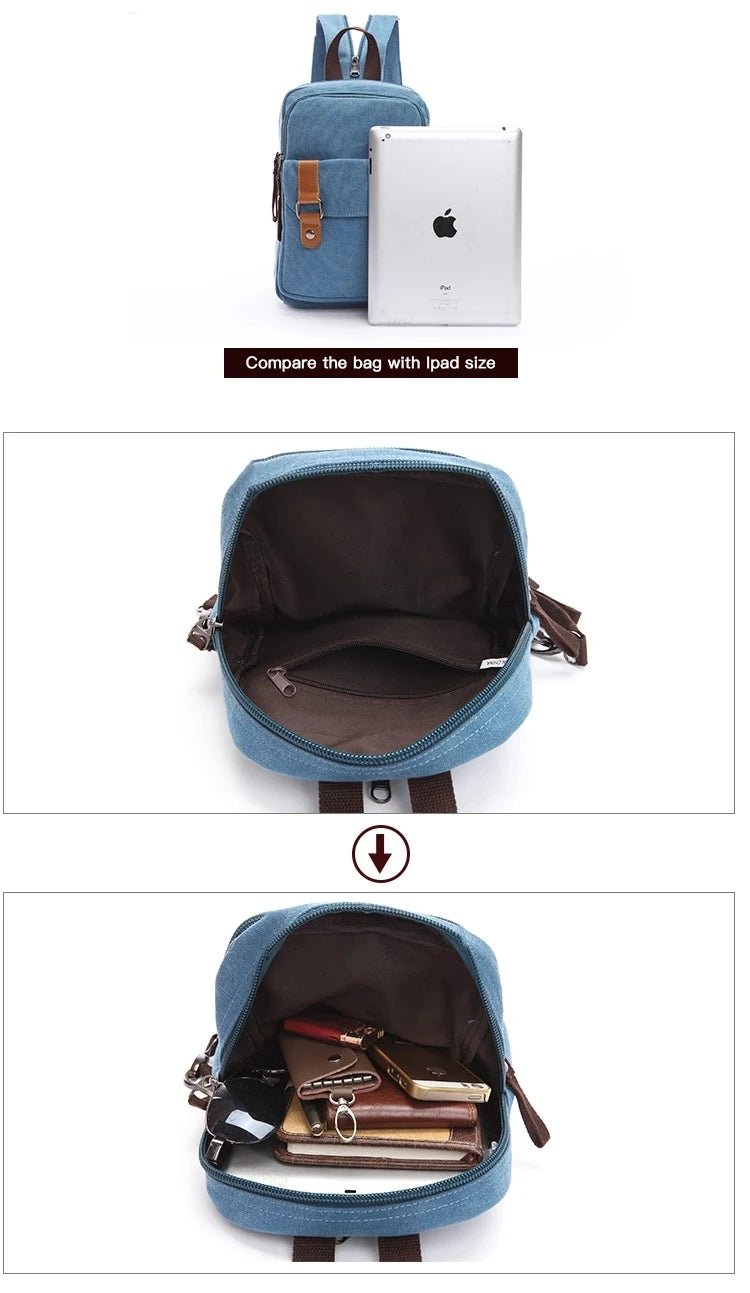 Bule Mini Backpacks Small Vintage Canvas Chest Bag Crossbody Walking Travel Bags