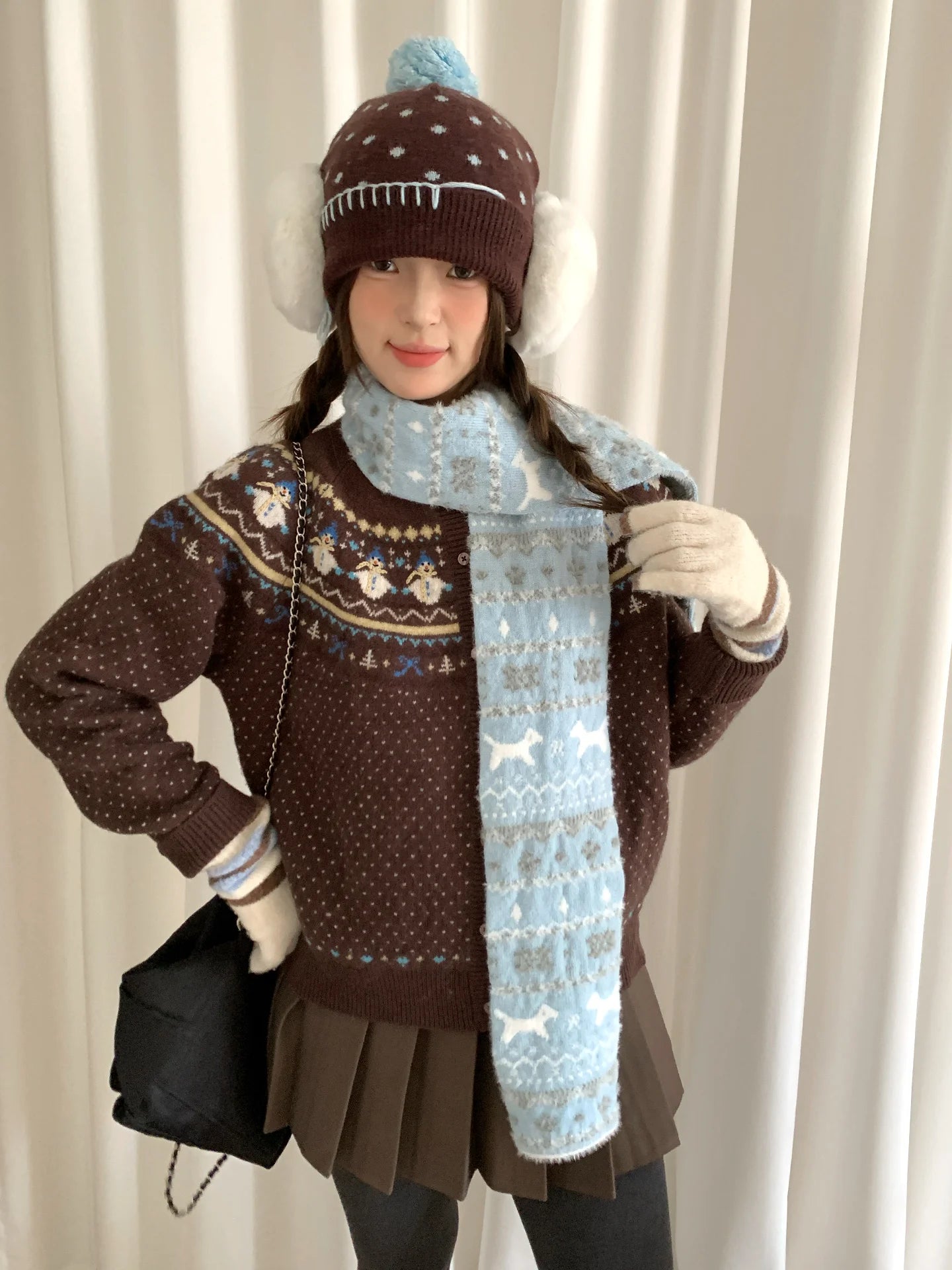 New Fair Lsle Cat Jacquard Knit Scarf For Women Autumn Winter Student Atmosphere Warmth Versatile Neckwear