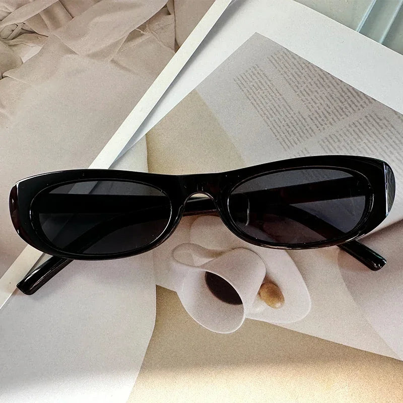 JNPCXI Trendy Cat Eye Black Sunglasses Women Brand Narrow Frame Rectangle Shades Small Eyewear Men Sun Glasses Female Male UV400