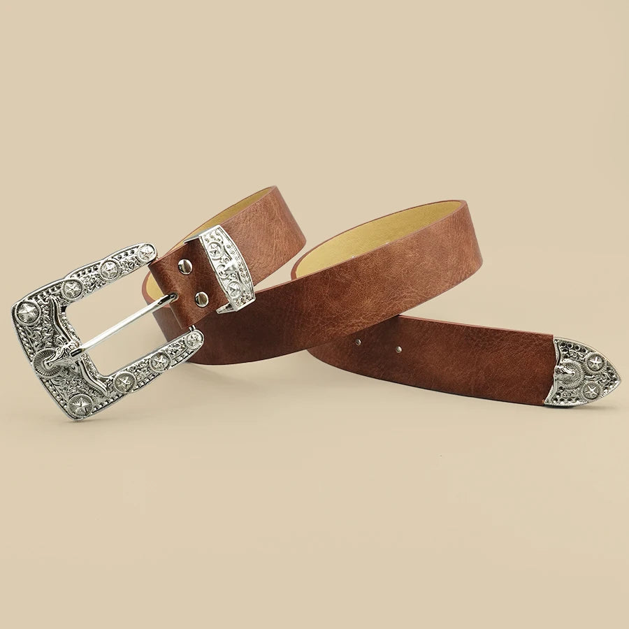 Western Cowboy Street Style Belt - Silver Bullhead Carved Buckle Design for Daily Commute, Office & Casual Wear