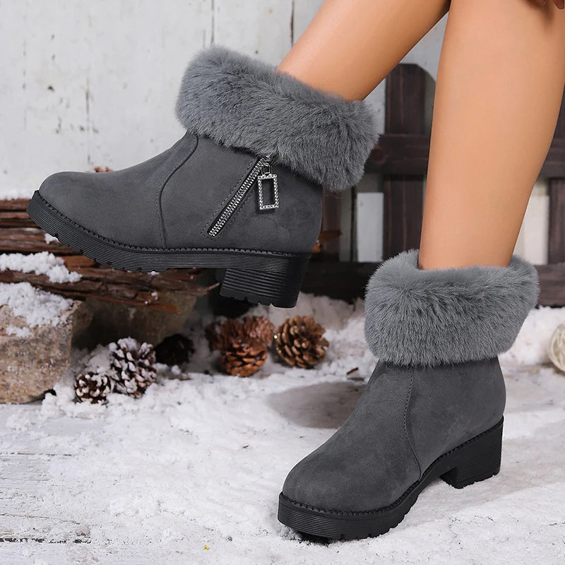 Winter Faux Fur Thick Heels Ankle Boots Women Faux Suede Short Plush Warm Snow Boots Woman 2025 Zipper Plush Winter Botas Mujer