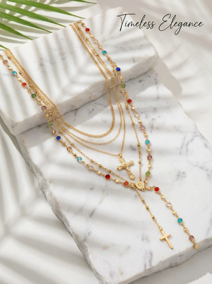 Sparkling Rhinestone Cross Pendant Necklace Layered Chain Jewelry For Women Religious Style Accessories