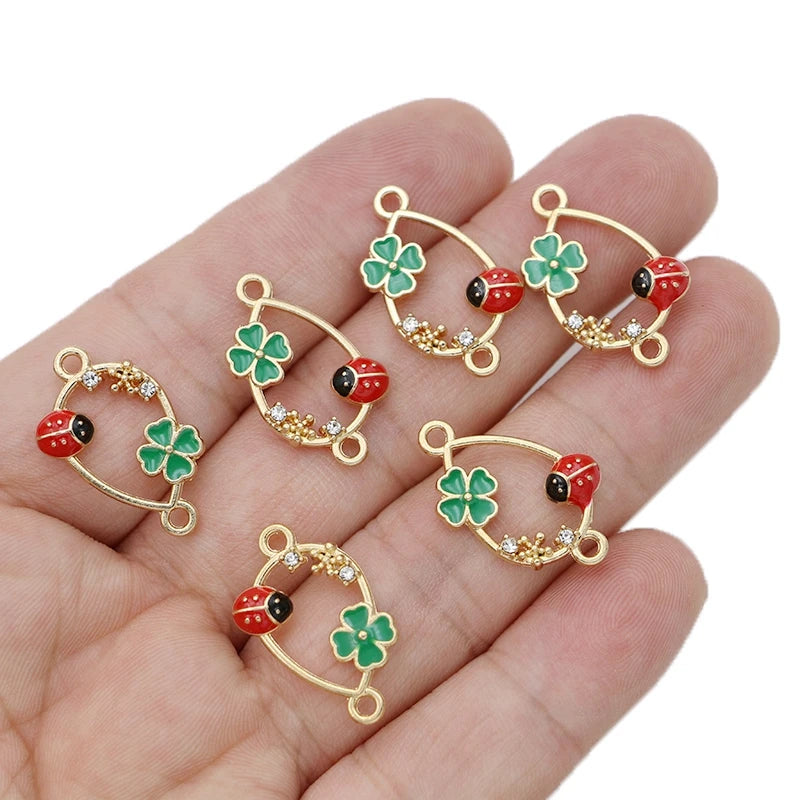 10Pcs Gold Plated Enamel Clover Ladybug Teardrop Charm Connector for Making Bracelet DIY Jewelry Accessories Handmade 24x16mm