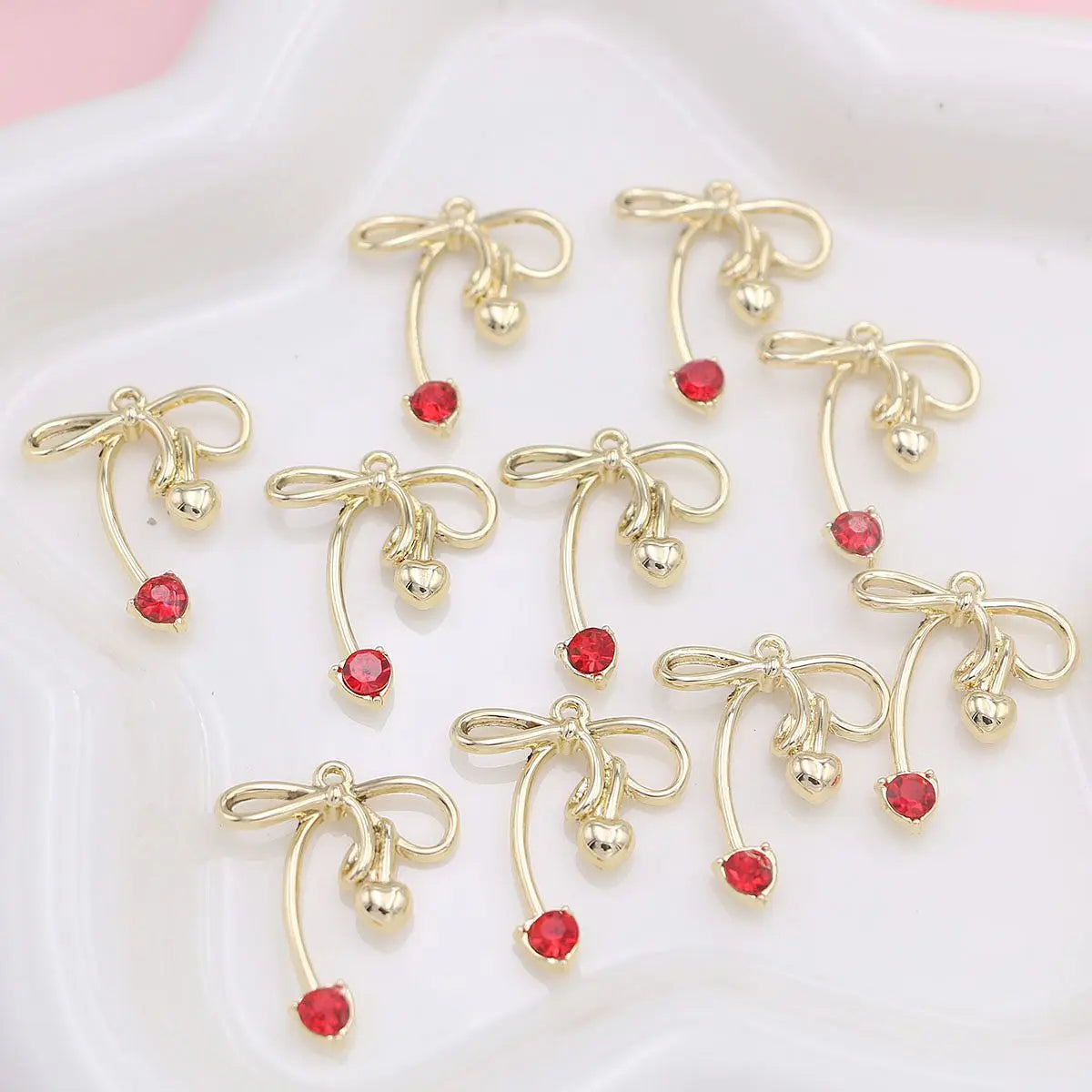 10Pcs Golden/Silvery Color Red Crystal Bow Charms Pendant for Jewelry Making Necklace Earrings Accessories DIY Bracelet
