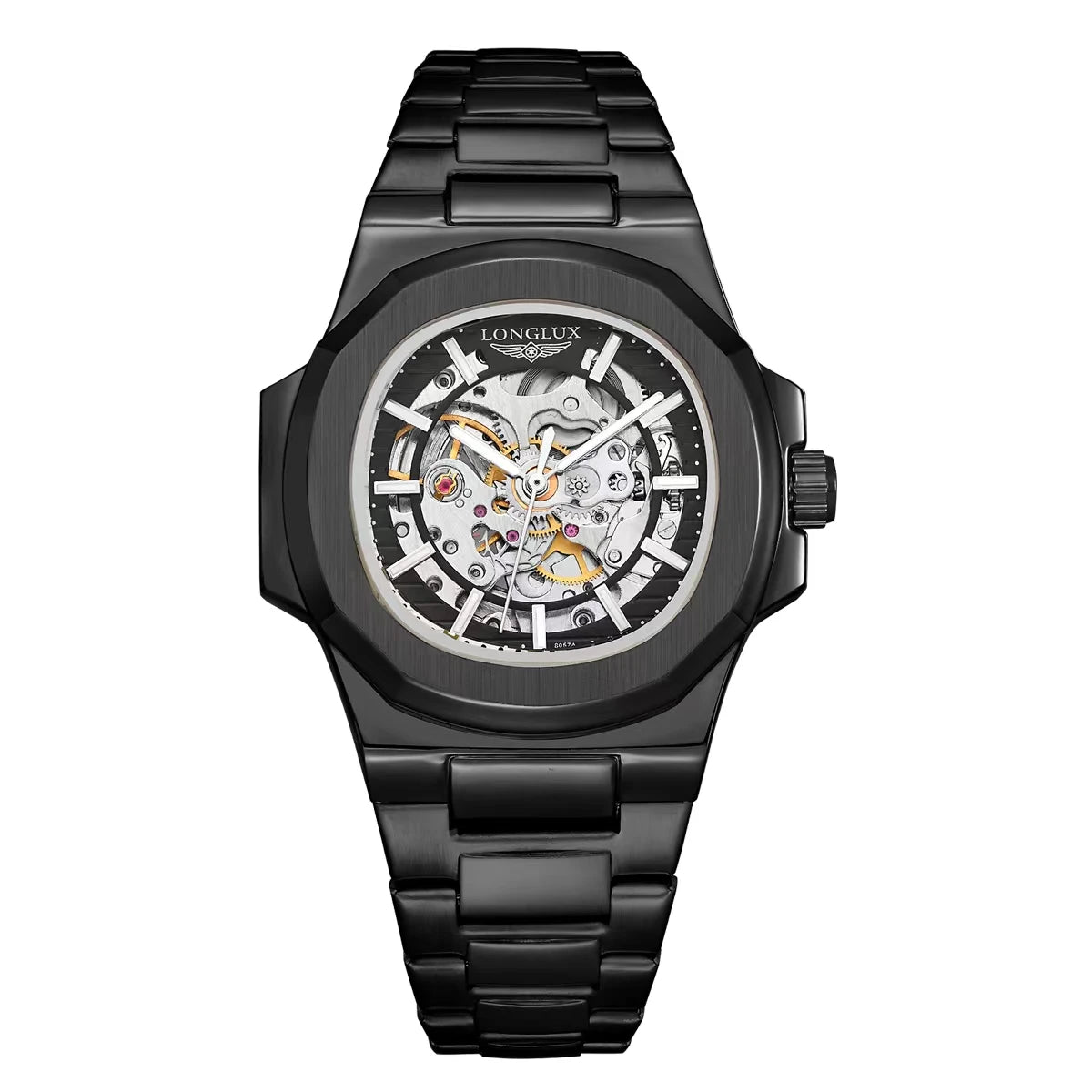 Silver LONGLUX Men automatic mechanical watch luxury waterproof skeleton Watches