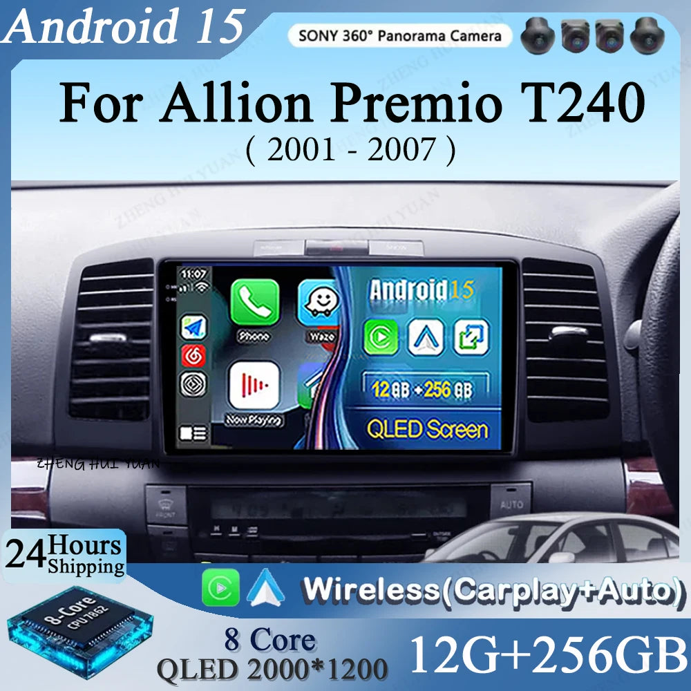 Android 15 CarPlay Auto For Toyota Allion Premio T240 2001 - 2007 Car Radio Multimedia navigation video DVD Autoradio Stereo gps