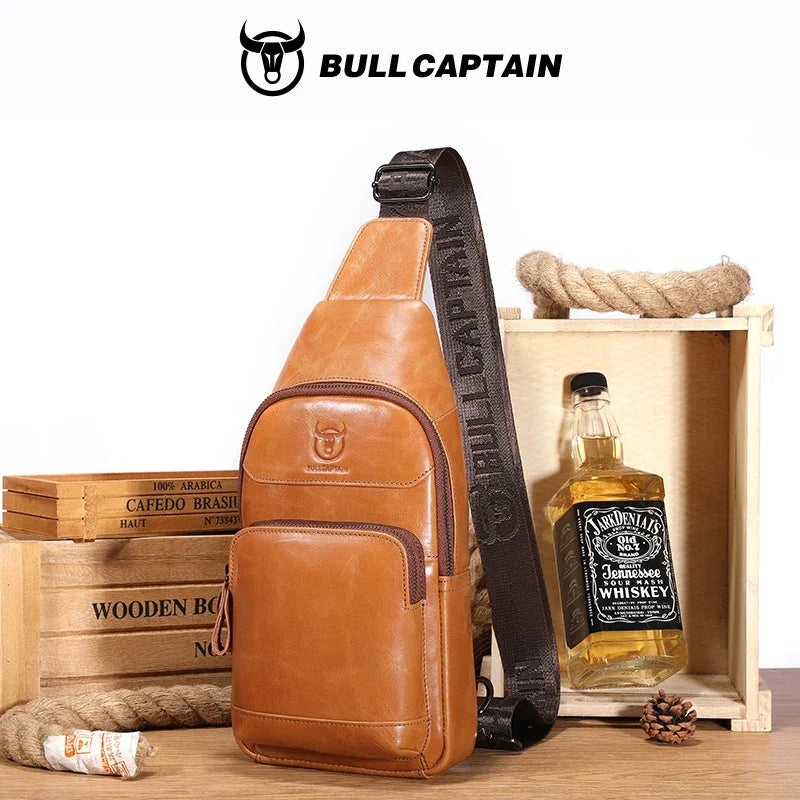 BULLCAPTAIN Men's Genuine Leather Chest Bag Multifunctional 7-inch Mobile Phone Bag Cowhide Casual Retro Shoulder Crossbody Bag