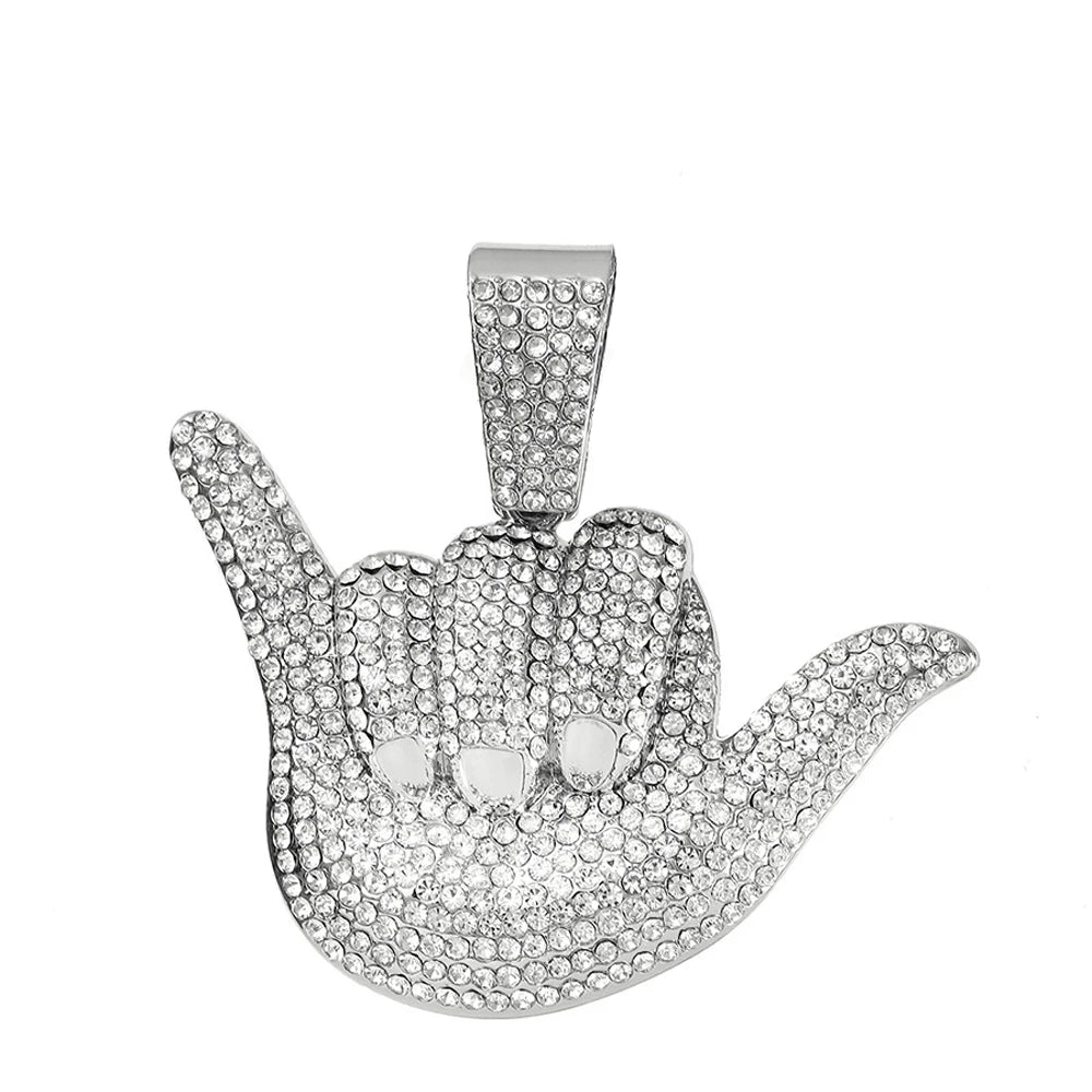 Hip Hop Number 6 Gestures Pendants Necklaces With 15mm Cuban Chain Fashion Bling Crystal Personality Cool Jewelry For Men Women