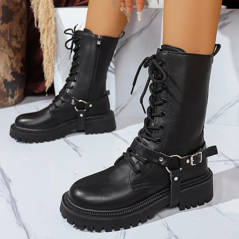 Fashion Belt Buckle Platform Mid Calf Boots Women Black Zipper Thick Sole Motorcycle Boots Woman Punk Pu Leather Botas Mujer