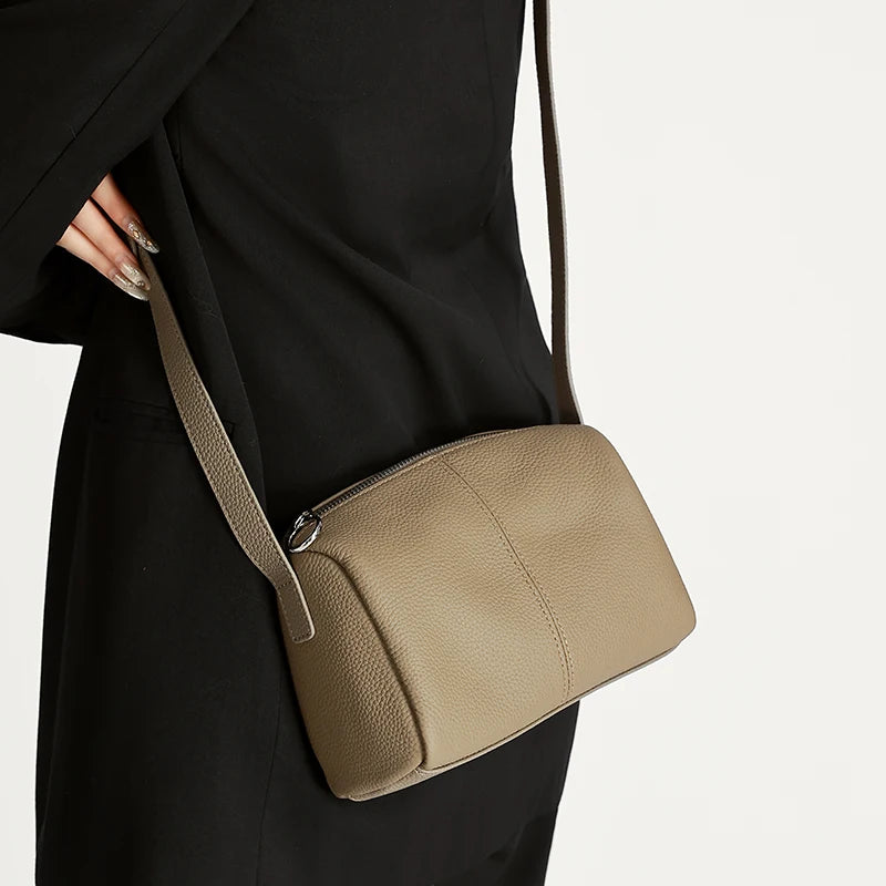 Genuine Leather Mini Crossbody Bag for Women Simple Pebbled Leather Shoulder Bag Casual Daily Small Satchels Handbag with Zipper