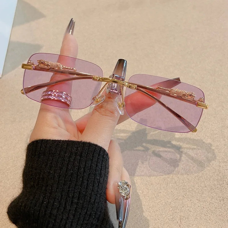Korean Retro Square Rimless Sunglasses Seaside Cheetah Decoration Frameless Gradient Lens Eyeglasse Outdoor UV Protective Shades