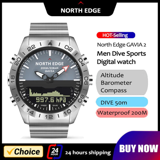 NORTH EDGE Mens Dive Compass Digital Watch Military Luxury Full Steel Smartwatch