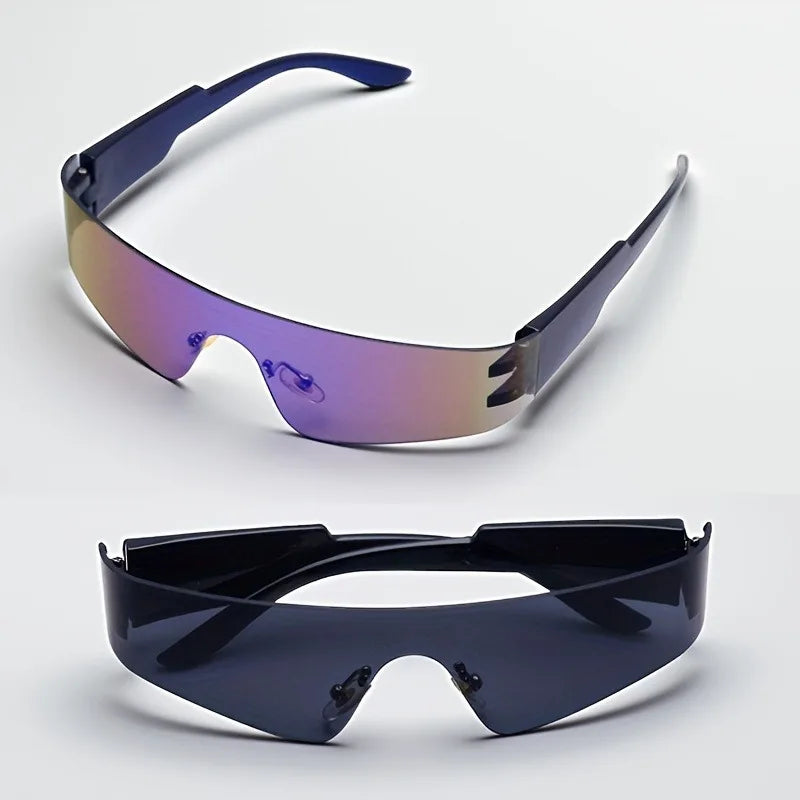 2pcs of Frameless Wrap-Around Glasses for Women Punk Style, Futuristic Tint Y2K Flat Top Iridescent Fashion Glasses for Men
