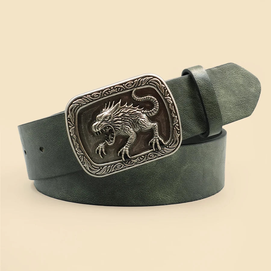 Western Cowboy Street Style Belt - Monster Motif Carved Vintage Print for Daily Wear, Commute & Casual Outfits