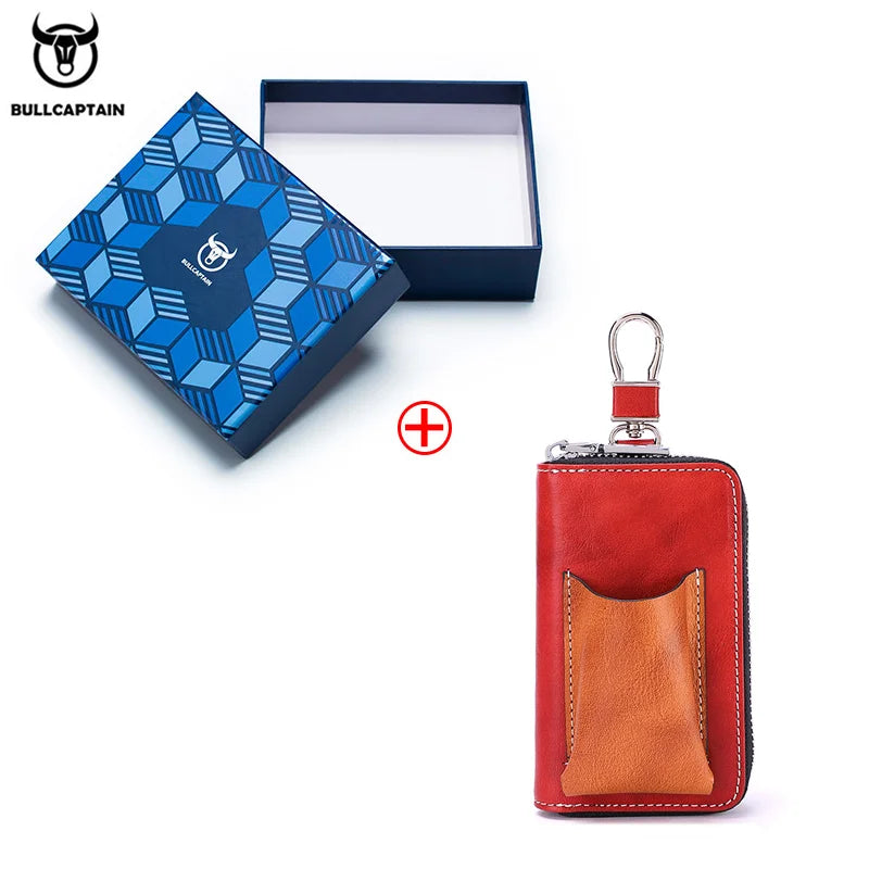 BULLCAPTAIN Men's Genuine Leather Key Case New Home Car Key Clip Men's Leather Key Case Mini Practical Key Chain Zipper Key Case
