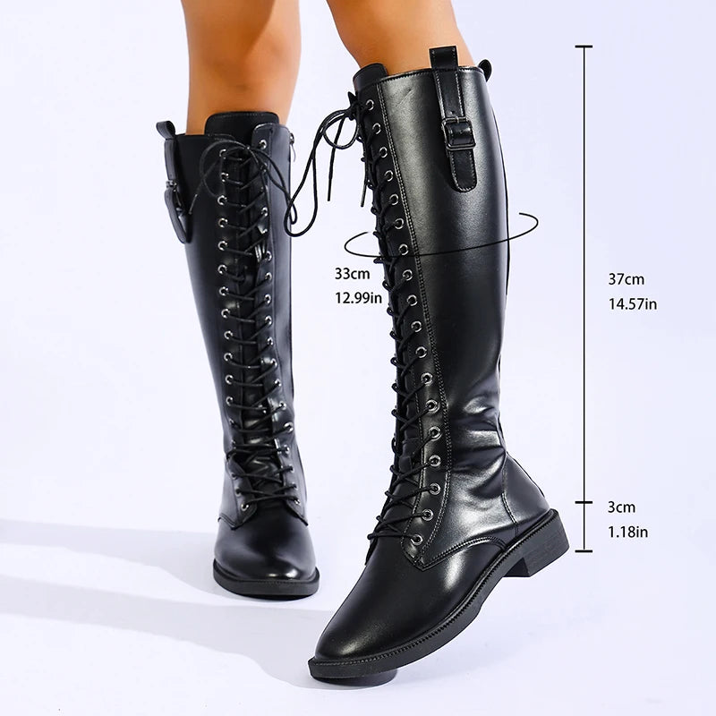 Fashion Lace Up Low Heels Knee High Boots Women Plus Size 43 Side Zipper Pu Leather Long Boota Woman 2026 Goth Punl Riding Botas