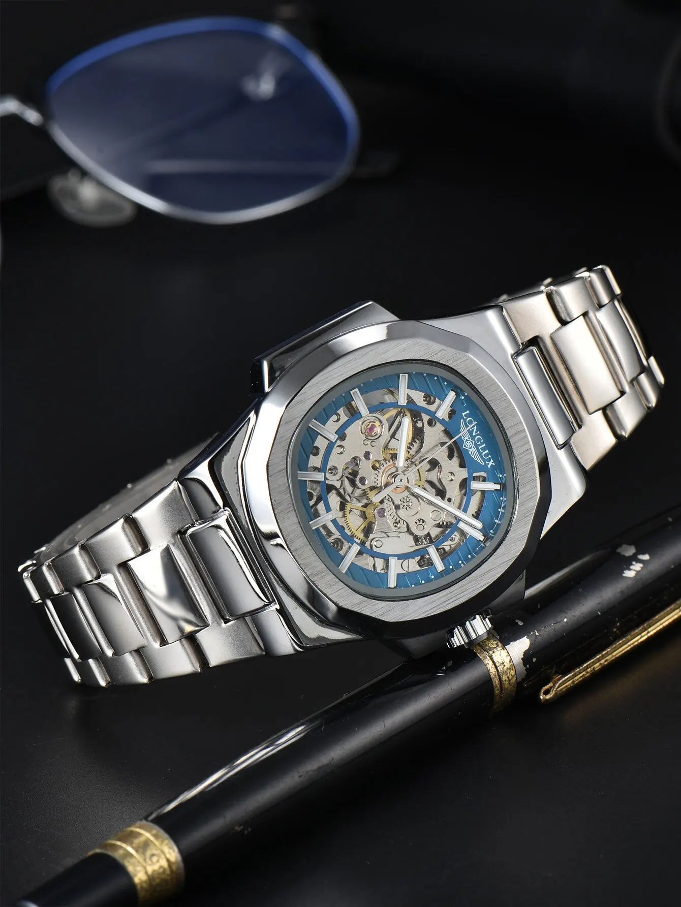 Gold LONGLUX Men automatic mechanical watch luxury waterproof skeleton Watches