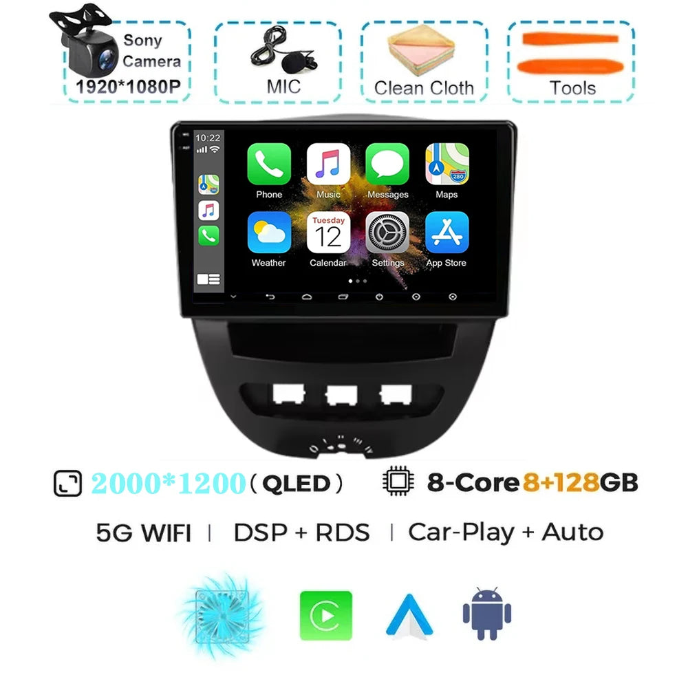 For Peugeot 107 Toyota Aygo Citroen C1 2005-2014 Carplay Auto Android 15 Car Radio Multimedia Video Player Navigation 4G WIFI
