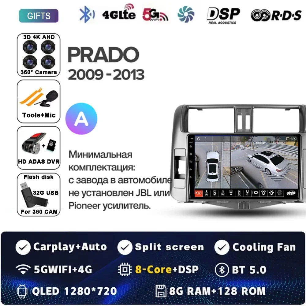 Android 15 Car Radio for Toyota Land Cruiser Prado 150 2009-2013 with GPS Navigation QLED Carplay Auto Multimedia Stereo BT