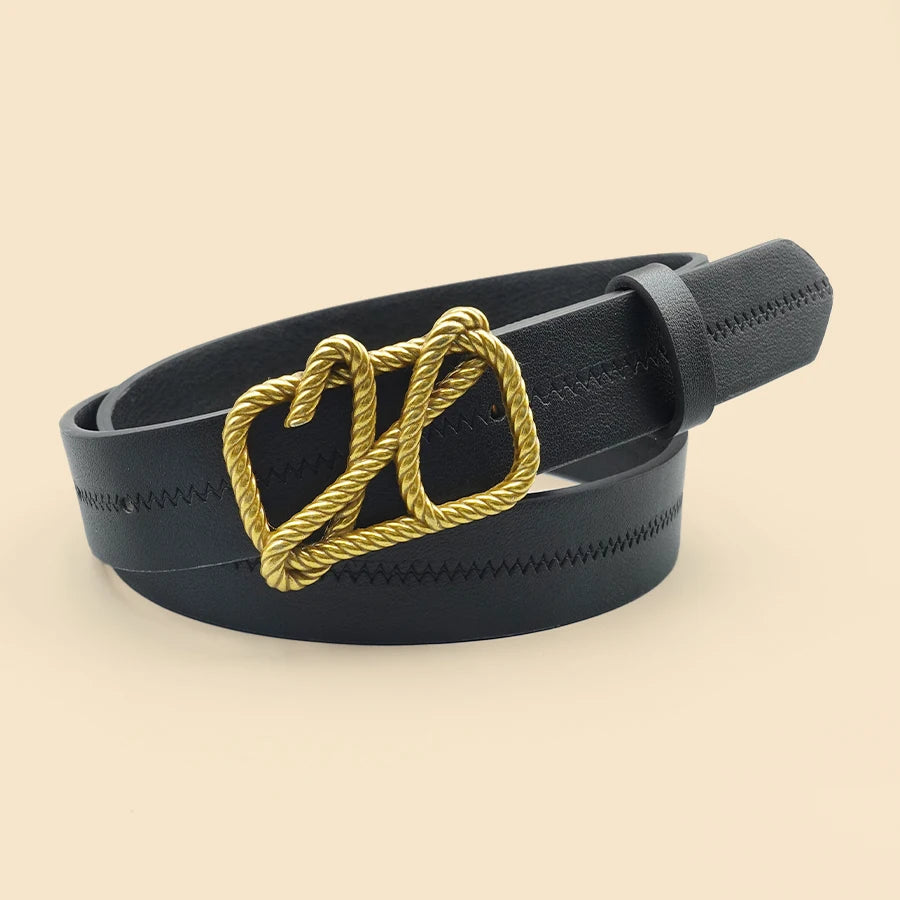 Black Fashionable Casual Women's Belt, Hollowed Out Rope Pattern Buckle, Classic Versatile Women's Belt