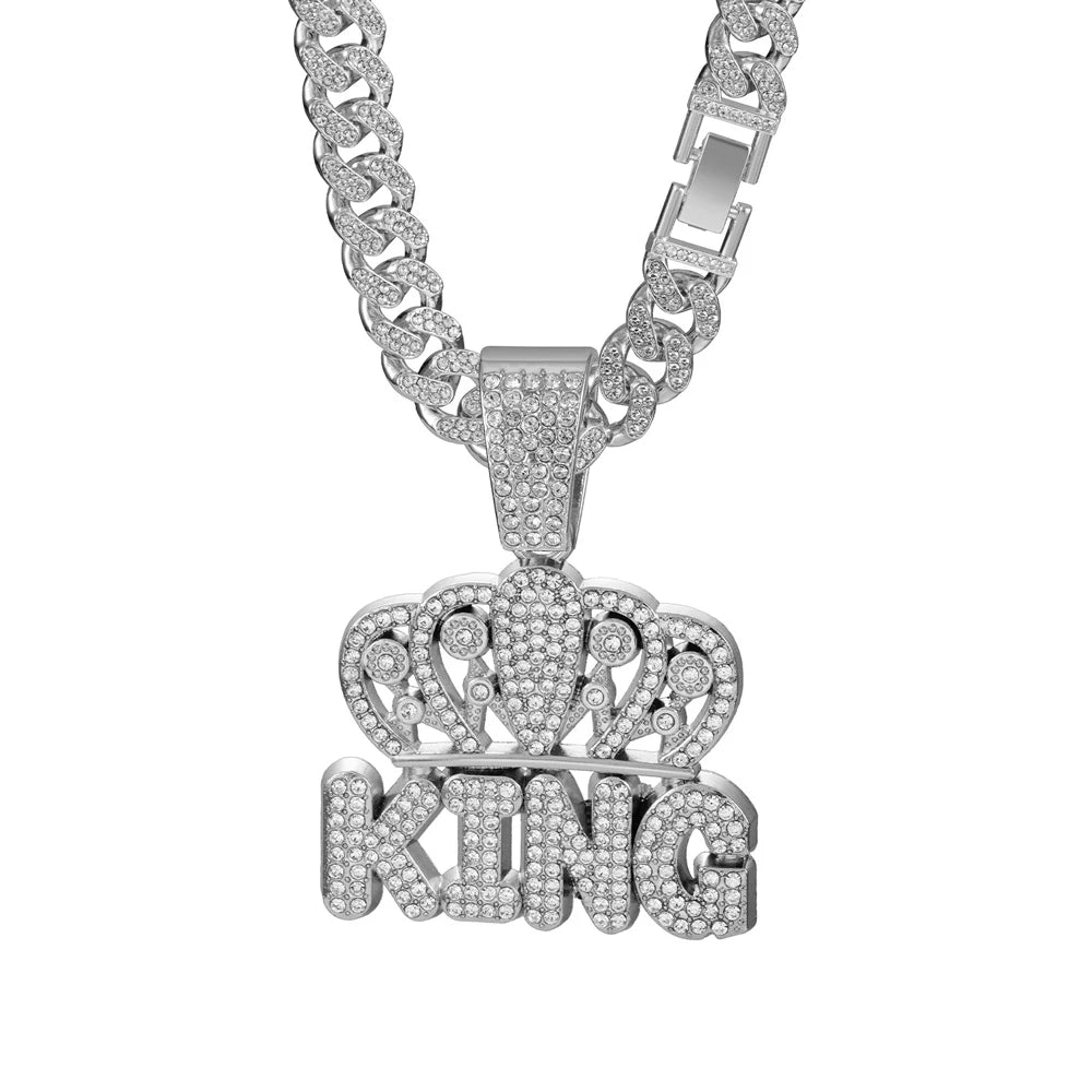 Men Hip Hop Crown KING Letter Pendant Necklace with 13mm Miami Cuban Chain Iced Out Bling HipHop Necklaces Fashion Women Jewelry