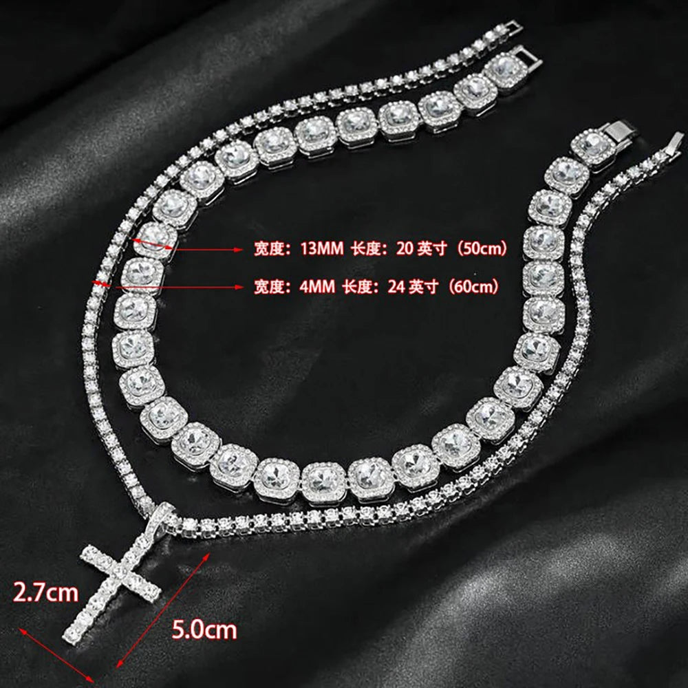 Hip Hop  Iced Out Tennis Chain Cross Necklace Men Women 2Pcs Bling Miami Cuban Chain Necklace Set Iced Out Chain Jewelry Gift
