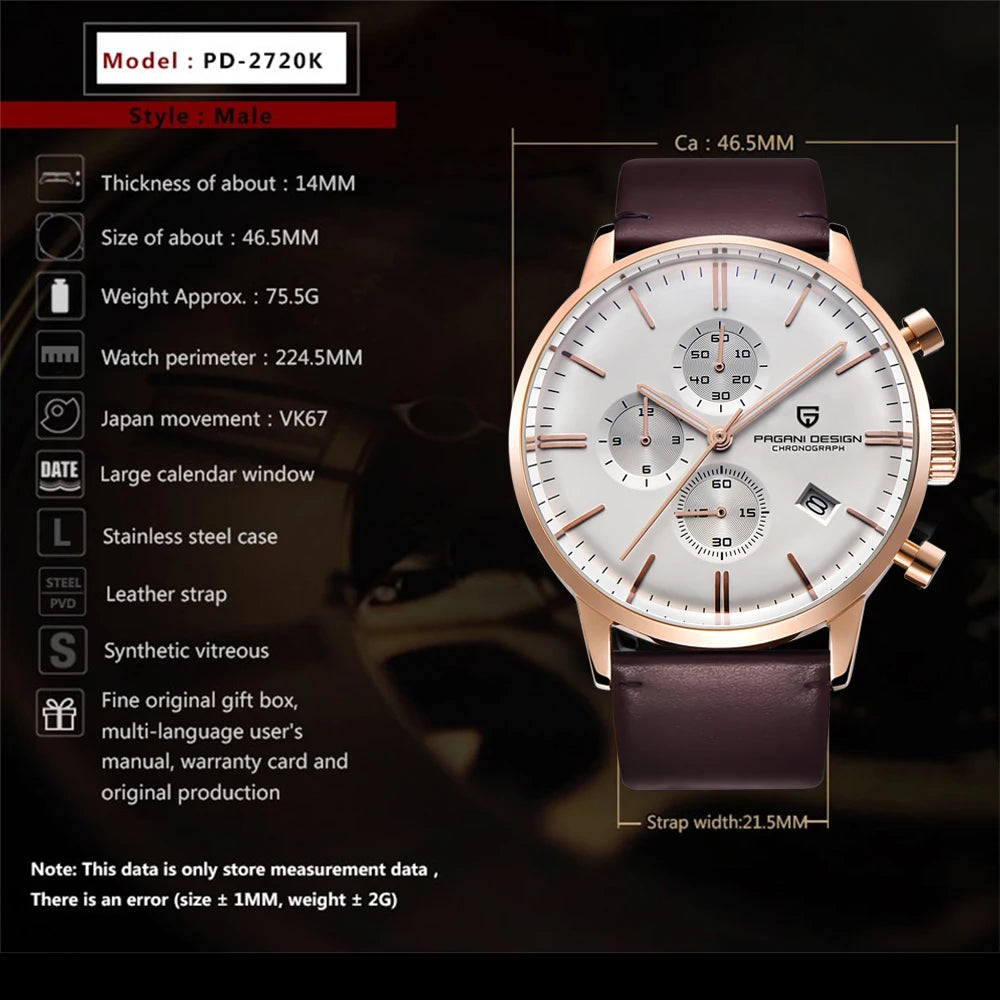 PAGANI Men' Waterproof Watches 30m Luxury Rose Leather Quartz Chronograph Watch