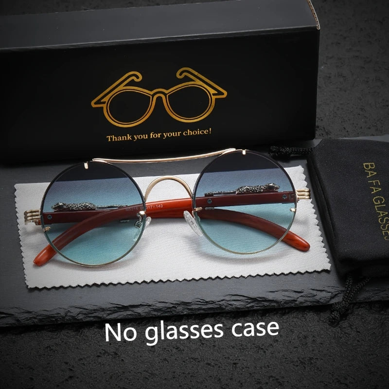 Unisex Retro Round Lens Metal Leopard Imitation Wood Grain Temple Design Fashionable and Trendy Decorative Glasses