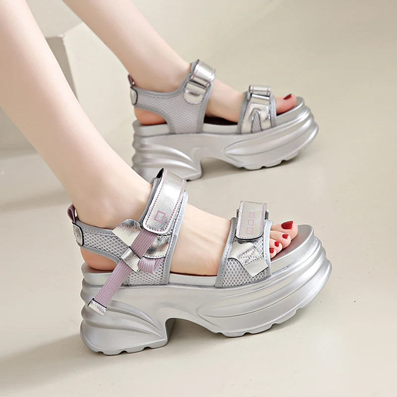 Silver Chunky Platform Sandals for Women Summer Wedge Heels Sport Sandals Woman Comfortable Thick Bottom Casual Sandles Female