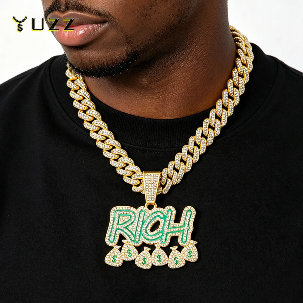 Hip Hop Men Become Rich Money Bag Letter Pendant Necklace With 14mm Miam Iced Out Trendy Dollar Cuban Link Chain Necklaces Gift