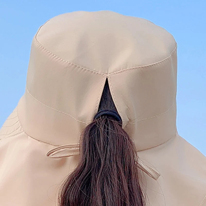 Xinbaoguan 100% polyester summer outdoor sunshade hat, horsetail hole folding face shading, women's fisherman hat